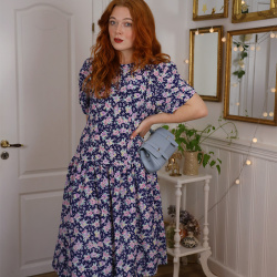 Dark Blue Pink Floral Vintage Dress | XL