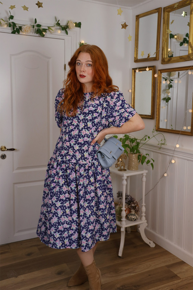 Dark Blue Pink Floral Vintage Dress | XL
