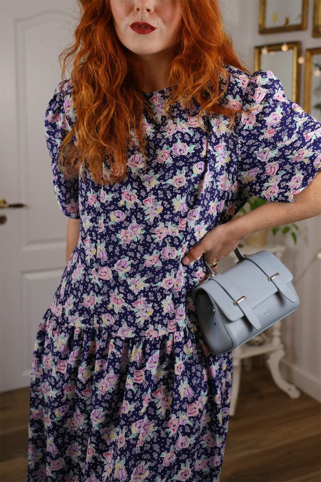 Dark Blue Pink Floral Vintage Dress | XL