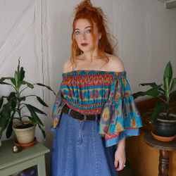 Recycled Blue, Red &amp; Gold Pattern Boho Top | S