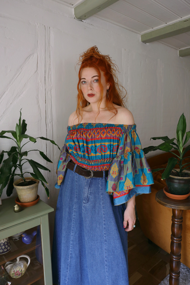 Recycled Blue, Red &amp; Gold Pattern Boho Top | S