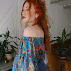 Recycled Blue, Red &amp; Gold Pattern Boho Top | S