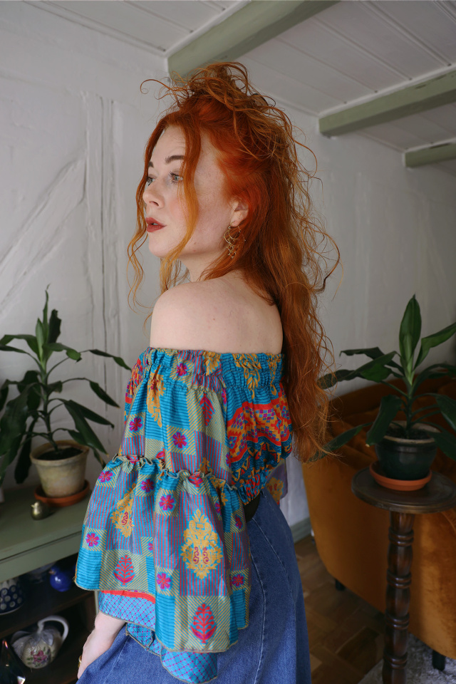 Recycled Blue, Red &amp; Gold Pattern Boho Top | S