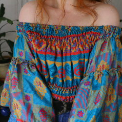Recycled Blue, Red &amp; Gold Pattern Boho Top | S