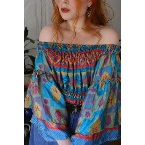 Recycled Blue, Red & Gold Pattern Boho Top | S