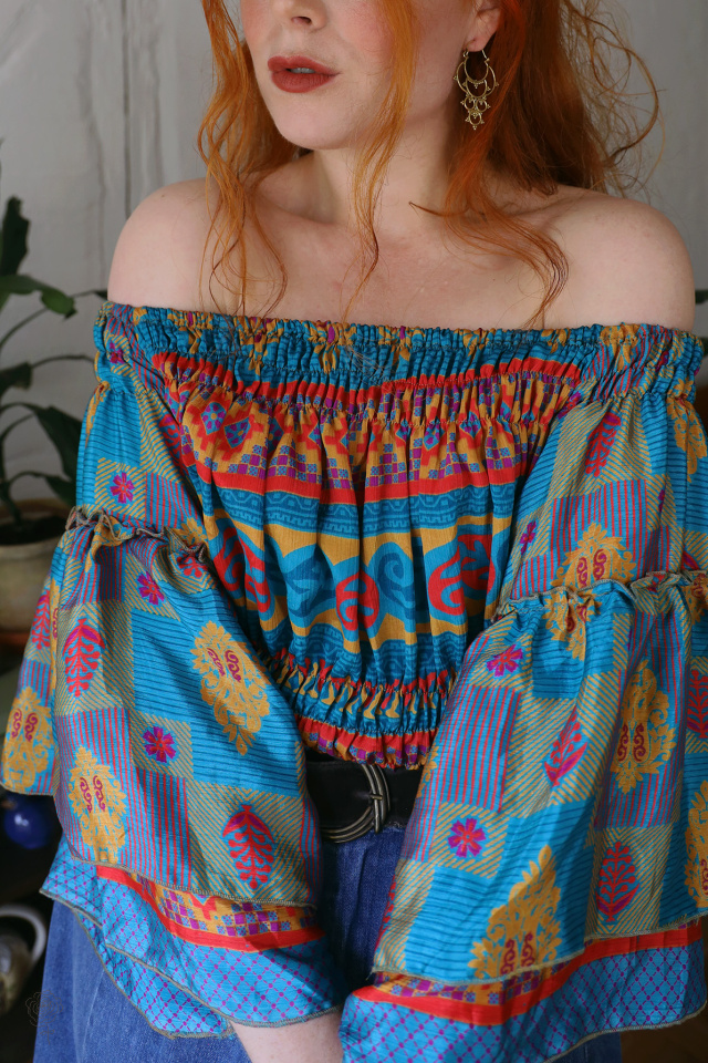 Recycled Blue, Red &amp; Gold Pattern Boho Top | S