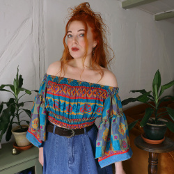 Recycled Blue, Red &amp; Gold Pattern Boho Top | S