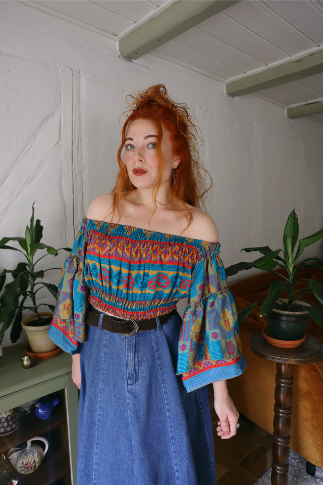 Recycled Blue, Red &amp; Gold Pattern Boho Top | S
