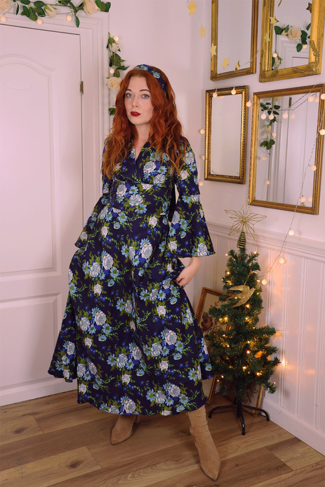 Blue Turquoise Floral 70's Vintage Dress | XS/S