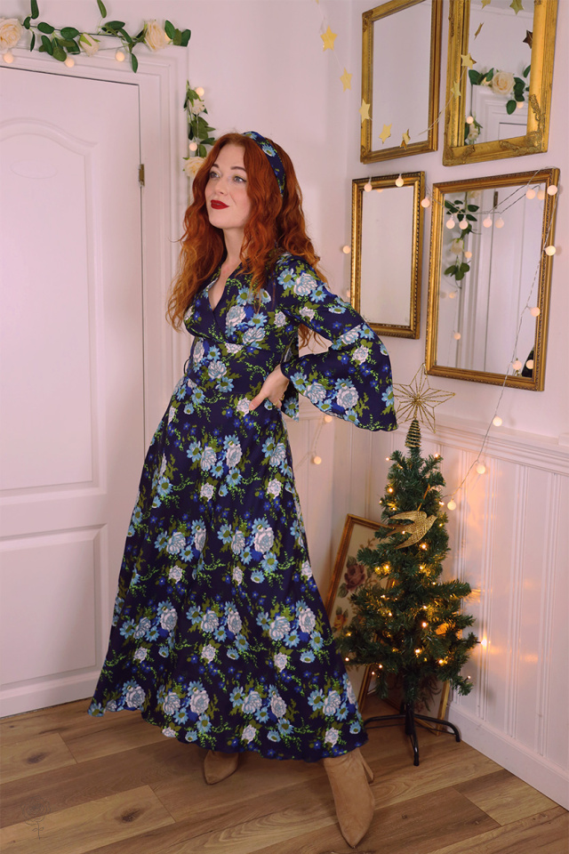Blue Turquoise Floral 70's Vintage Dress | XS/S