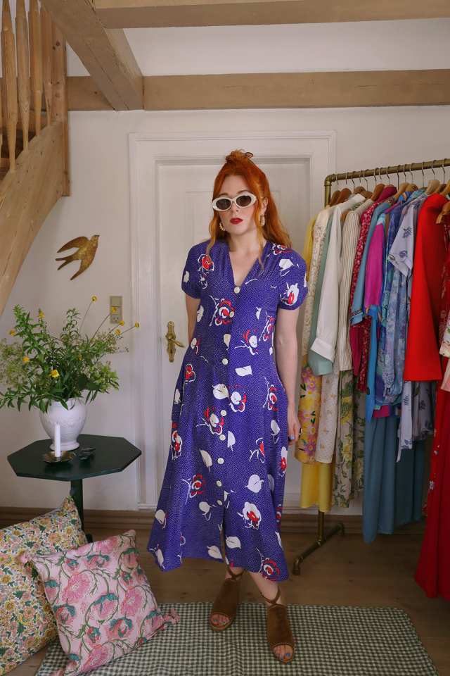 Blue Dot &amp; Floral Vintage Dress | M