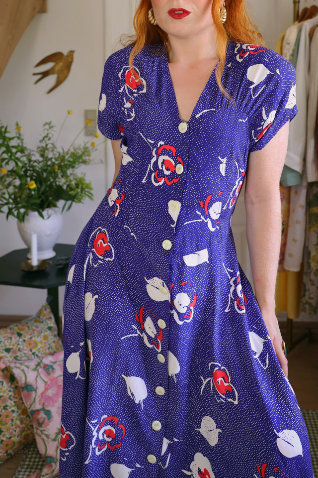 Blue Dot &amp; Floral Vintage Dress | M