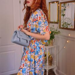 White Blue &amp; Orange Floral 80's Dress | L