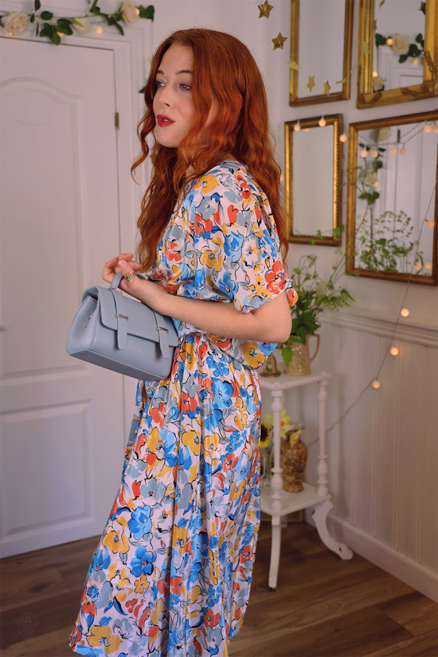 White Blue &amp; Orange Floral 80's Dress | L