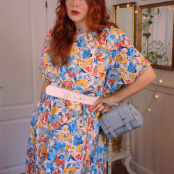 White Blue &amp; Orange Floral 80's Dress | L