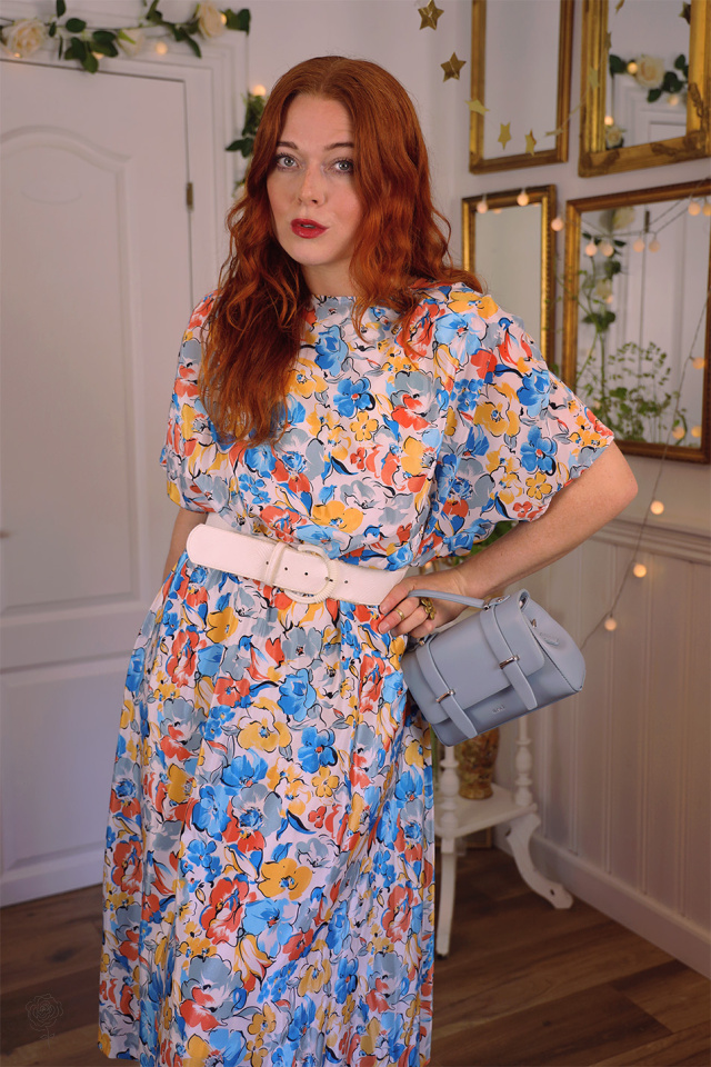 White Blue &amp; Orange Floral 80's Dress | L