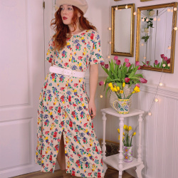 Bright Floral 80's Vintage Dress | S