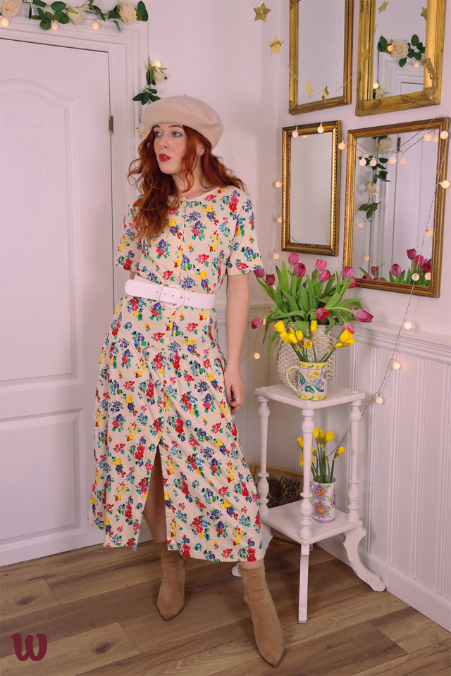 Bright Floral 80's Vintage Dress | S