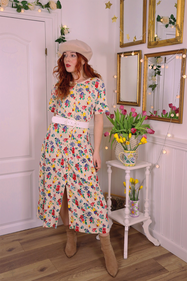 Bright Floral 80's Vintage Dress | S