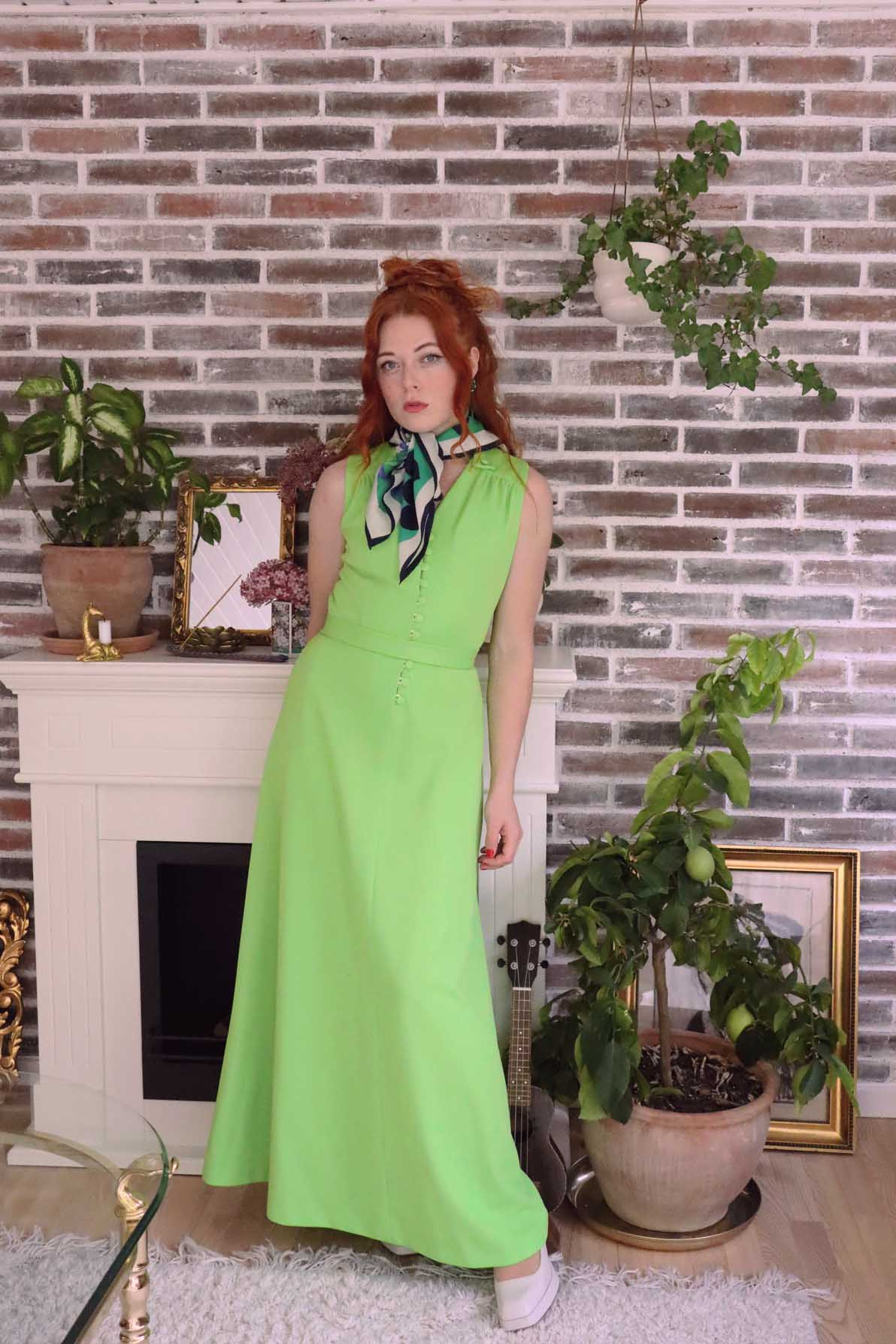 Bright Green Funky 70's Maxi Dress | S - Catalog - Bohemian Wonders