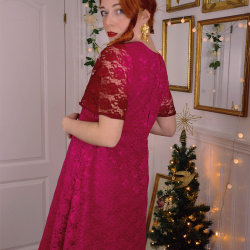 Bright Pink Lace 60's Gown | S