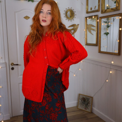 Dark Grey Red Floral Skirt | S