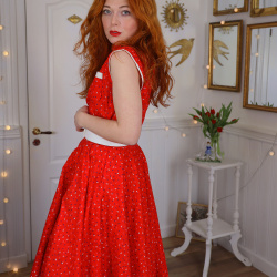 Bright Red Blue Floral Print Vintage Dress | S/M