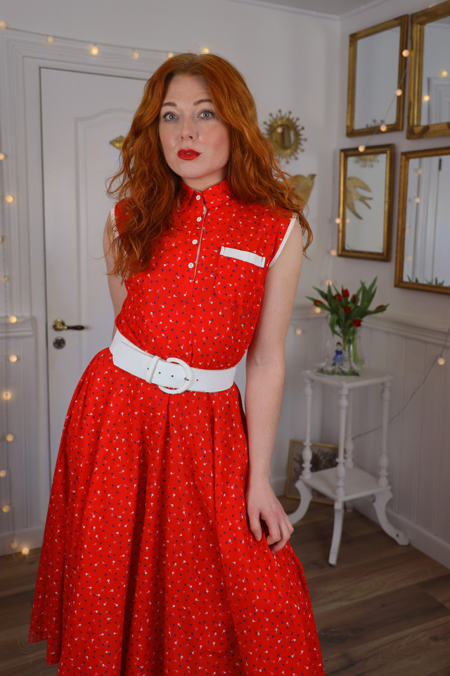 Bright Red Blue Floral Print Vintage Dress | S/M