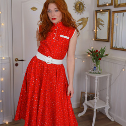 Bright Red Blue Floral Print Vintage Dress | S/M