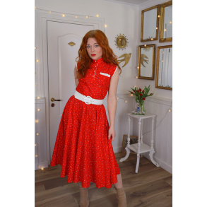 Bright Red Blue Floral Print Vintage Dress | S/M