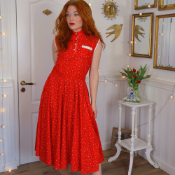 Bright Red Blue Floral Print Vintage Dress | S/M