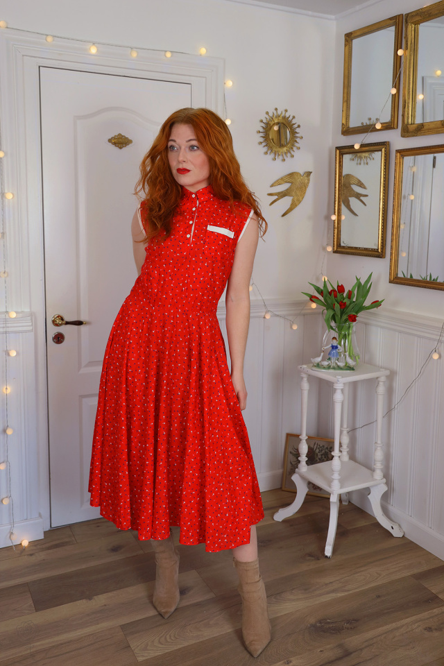 Bright Red Blue Floral Print Vintage Dress | S/M