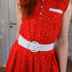 Bright Red Blue Floral Print Vintage Dress | S/M