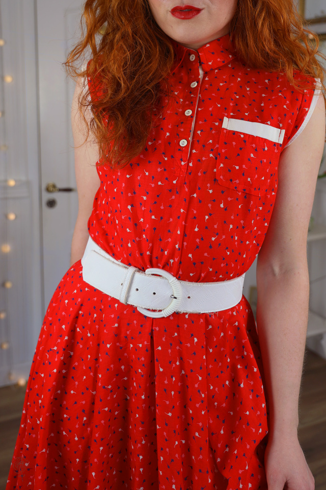 Bright Red Blue Floral Print Vintage Dress | S/M