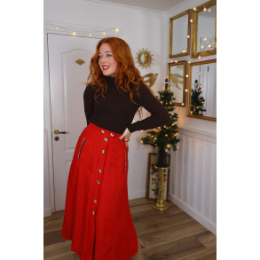 Bright Red Linen Midi Vintage Skirt | S