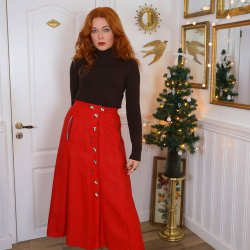 Bright Red Linen Midi Vintage Skirt | S