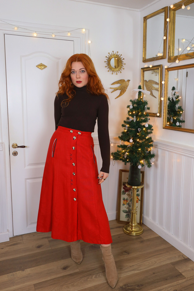 Bright Red Linen Midi Vintage Skirt | S