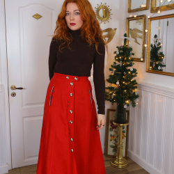Bright Red Linen Midi Vintage Skirt | S