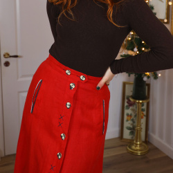 Bright Red Linen Midi Vintage Skirt | S