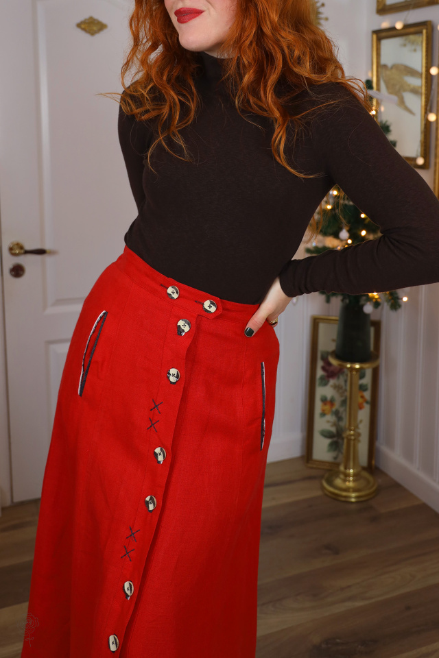 Bright Red Linen Midi Vintage Skirt | S