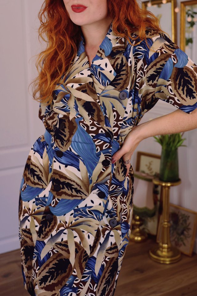Brown Blue Leafy Vintage Dress | S