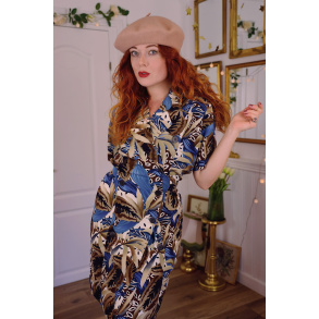 Brown Blue Leafy Vintage Dress | S