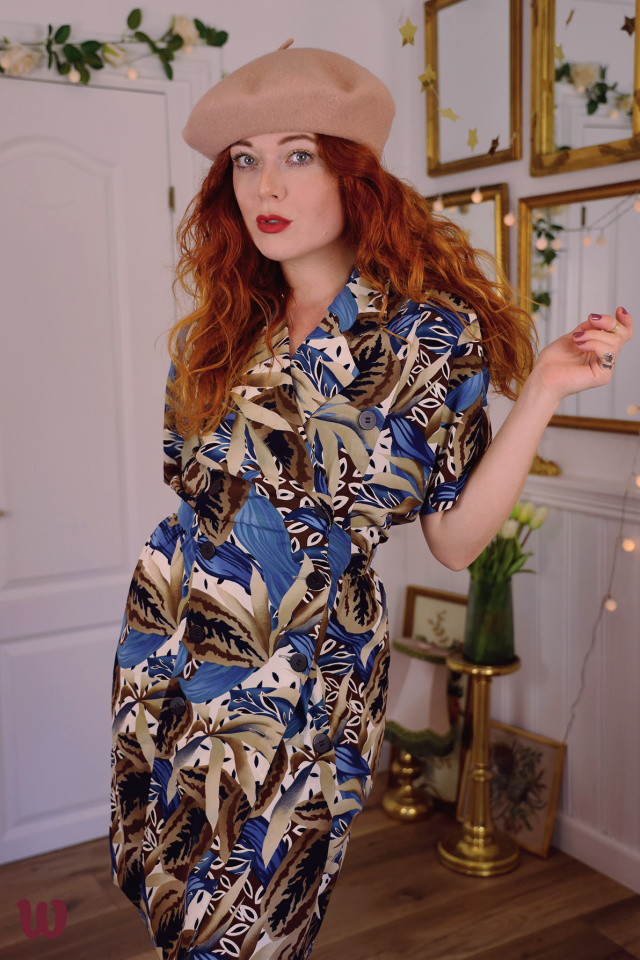 Brown Blue Leafy Vintage Dress | S