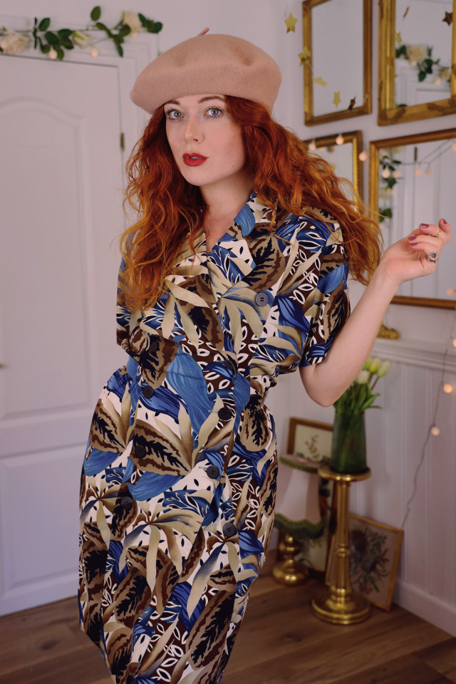 Brown Blue Leafy Vintage Dress | S