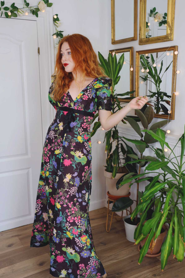 Brown Floral 70's Maxi Dress | S