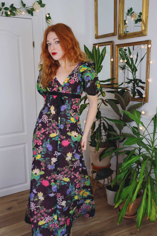Brown Floral 70's Maxi Dress | S