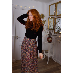 Brown Floral Skirt & Bordeaux Velvet Blouse | S