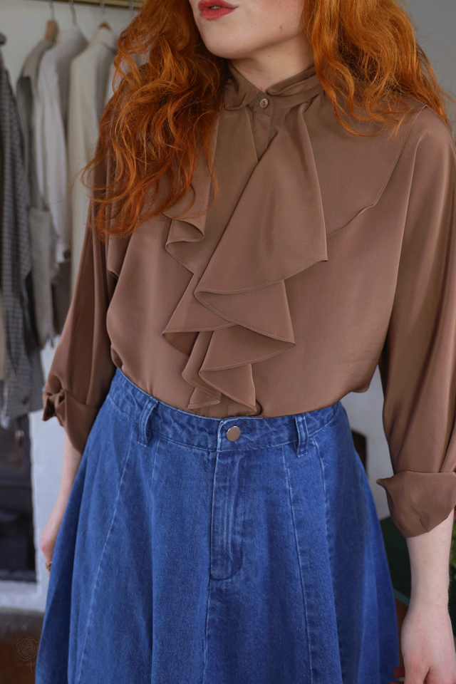 Brown Frill Elegant Vintage Blouse | S