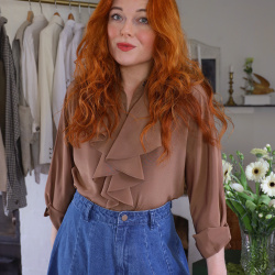 Brown Frill Elegant Vintage Blouse | S