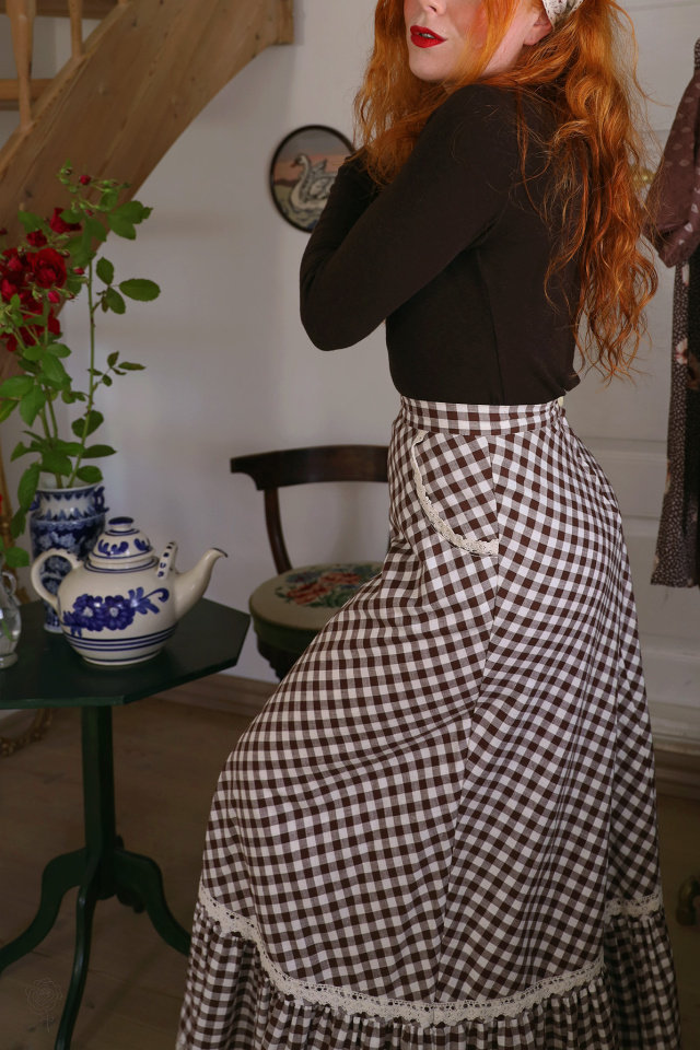 Brown Gingham Vintage Maxi 70's Skirt | S